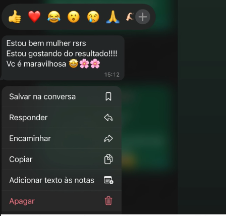 Mensagem de paciente no WhatsApp elogiando o resultado do procedimento